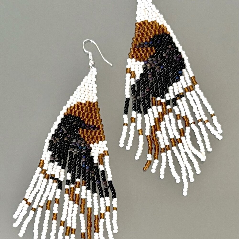 Hand Beaded Amber Black Raven Crow on Branch Seed Bead Tasseled Dangle Earrings